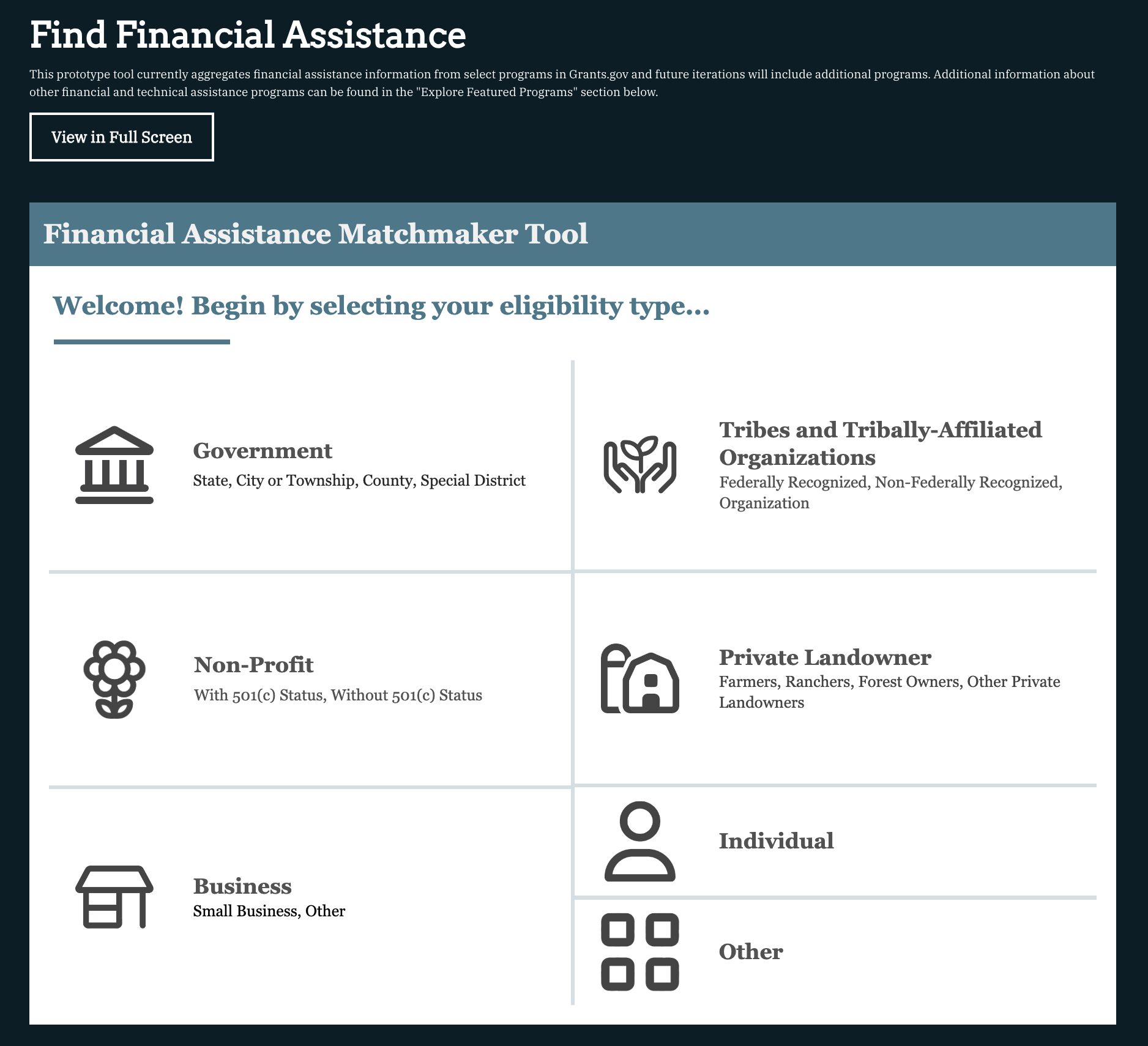 Image of prototype tool that currently aggregates financial assistance information from select programs in Grants.gov that Blue Raster was involved in building. 